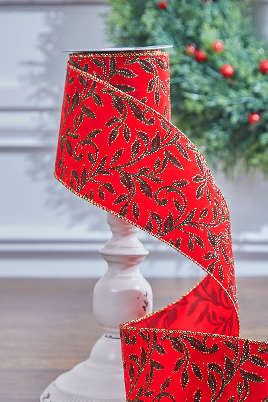 4" x 10 Yard Red Velvet With Vine Wired Ribbon