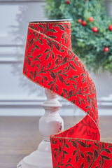 4" x 10 Yard Red Velvet With Vine Wired Ribbon