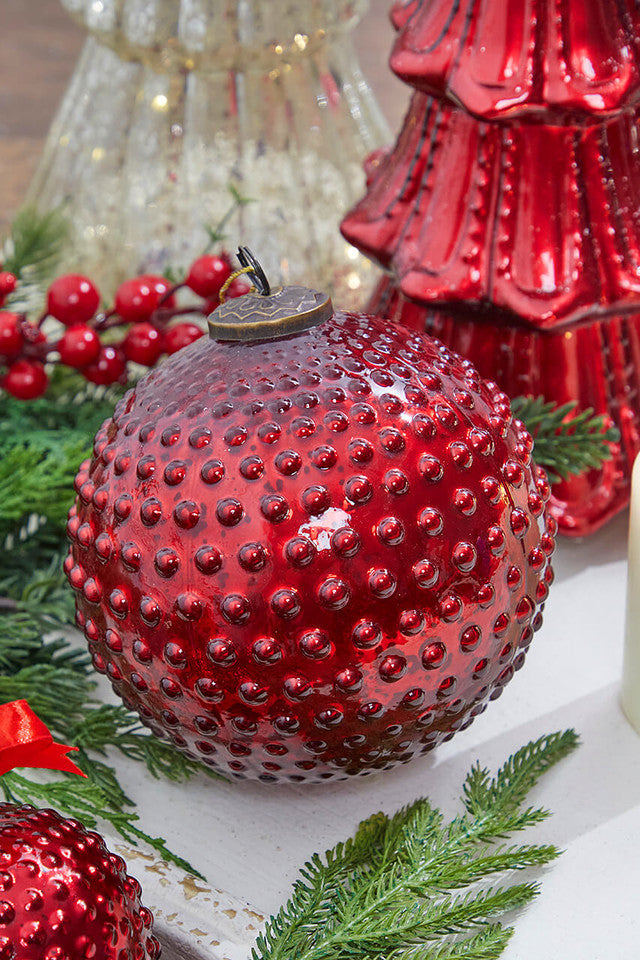 6 Inchi Round Hobnail Ruby Mercury Glass Ornament Christmas Tree Decor