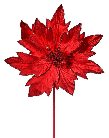 22” x 10.5" Red Metallic Glitter Edge Poinsettia Stem