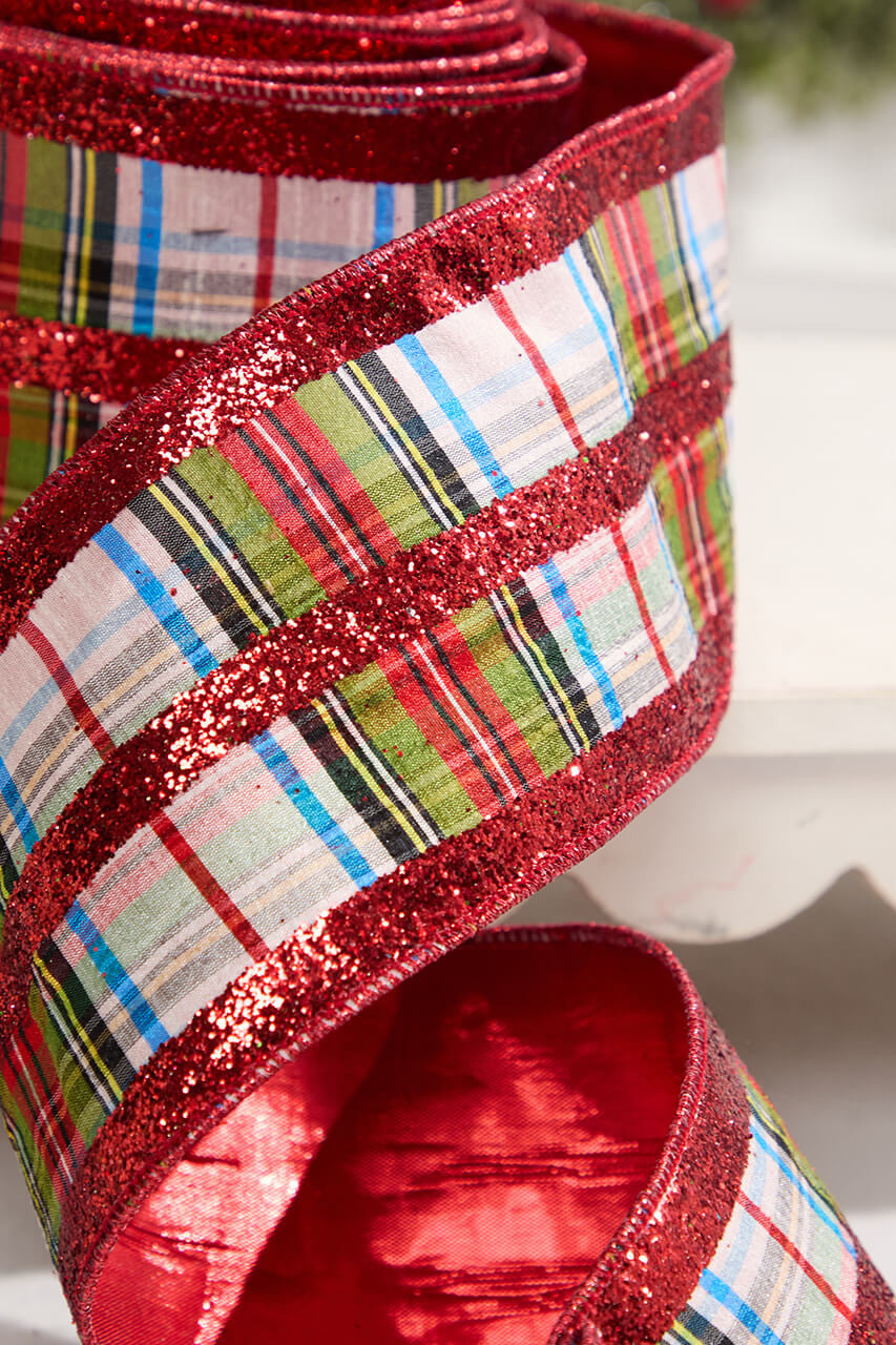 4 Inch x 10 Yard Red and White Plaid Pattern Wired Christmas Ribbon with Red Glitter Stripes Holiday Bow Wreath Gift Wrap Decor