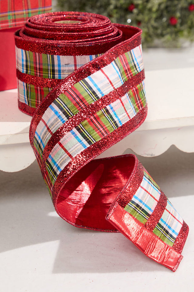 4" x 10 Yard Red & White Plaid Pattern Ribbon