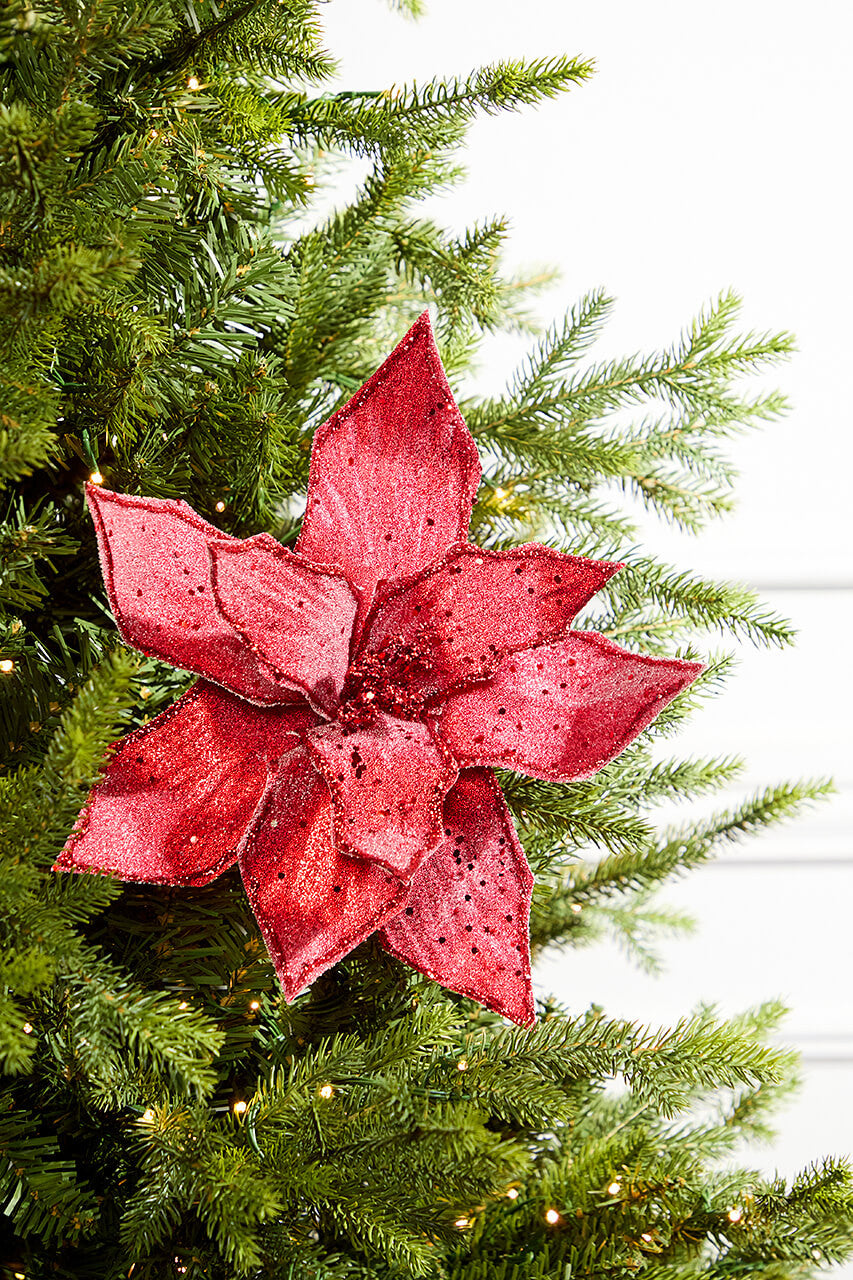 22 Inch Red Iced Poinsettia Stem