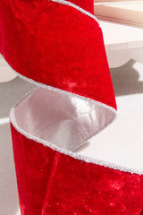 4 Inch x 10 Yard Red Velvet with Silver Tinsel Edge Wired Christmas Ribbon Luxury Holiday Bow Wreath Tree Decoration Accent