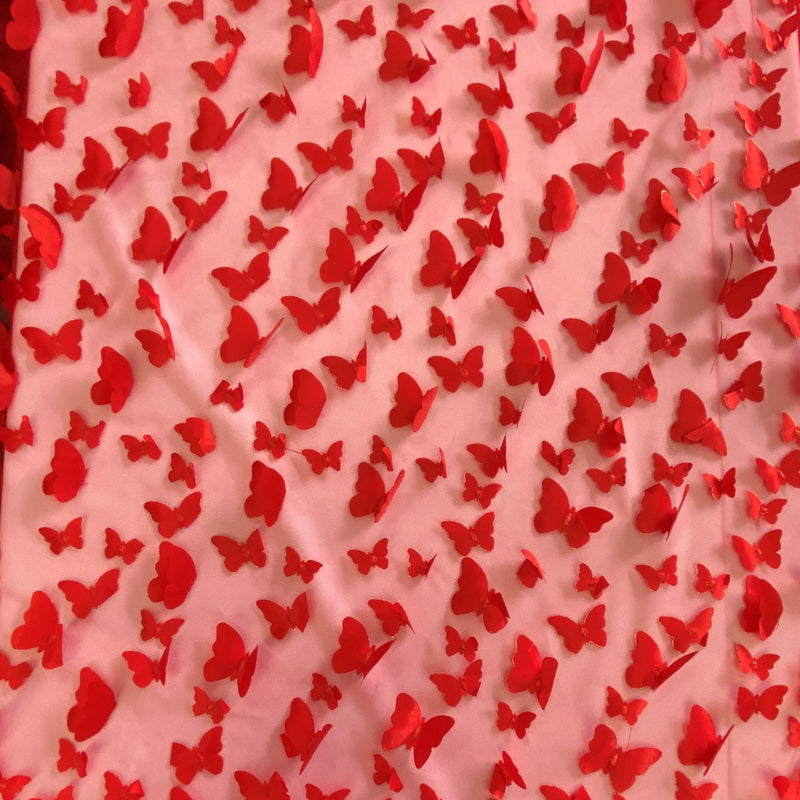 1 Yard Red 3D Satin Butterfly Mesh Fabric for Dresses, Costumes, and Creative Projects 54 Inch Wide