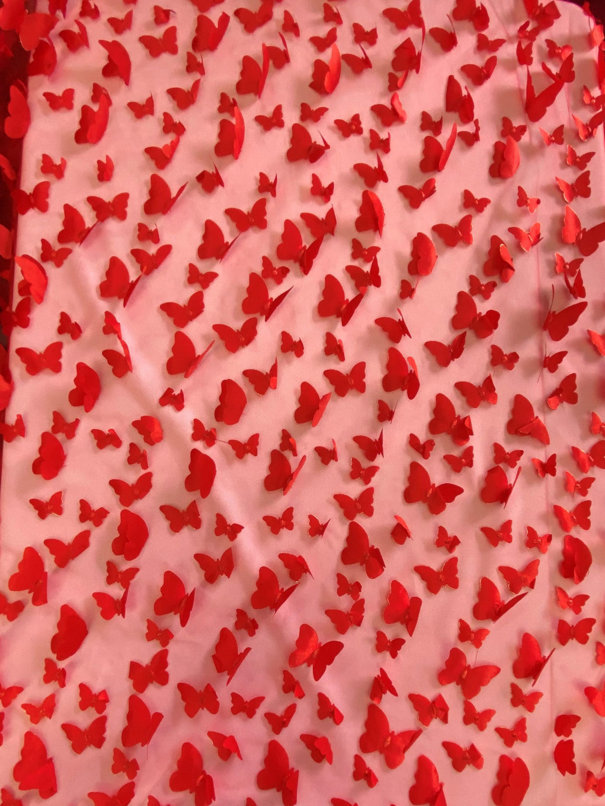3D Butterflies Red Polyester Fabric - Light Weight Satin Butterflies On 2-Way Stretch Mesh, Red, 54" Width