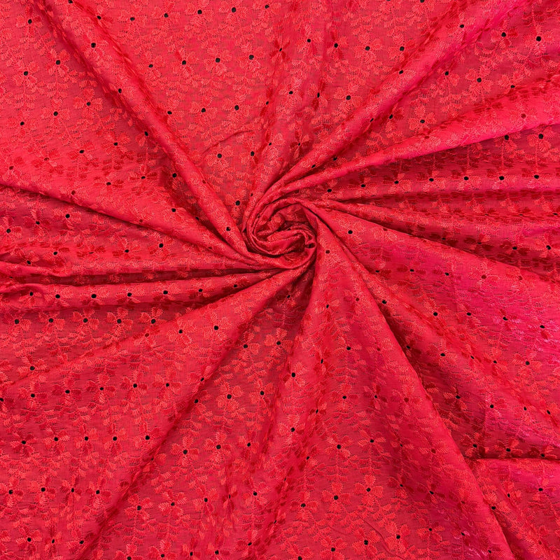 Heavy Eyelet Red Polyester Cotton Fabric - Red Floral Embroidery, 41"- 42" Width