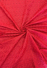 Heavy Eyelet Red Polyester Cotton Fabric - Red Floral Embroidery, 41"- 42" Width