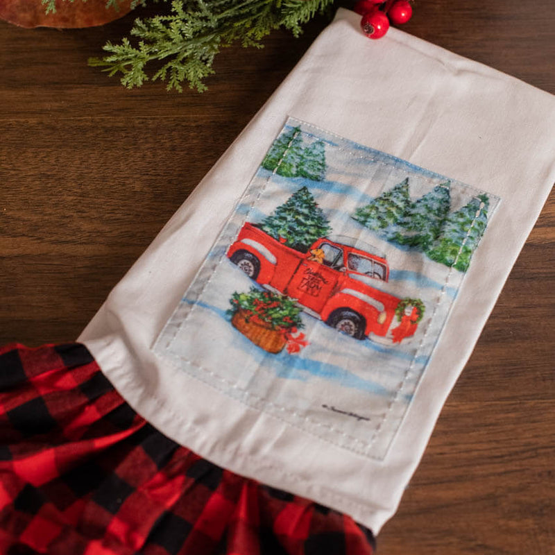 Red Truck Buffalo Plaid Ruffle Tea Towel