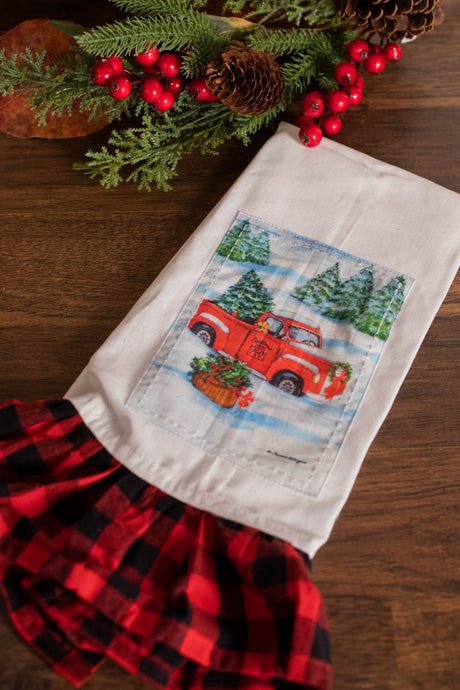 Red Truck Buffalo Plaid Ruffle Tea Towel