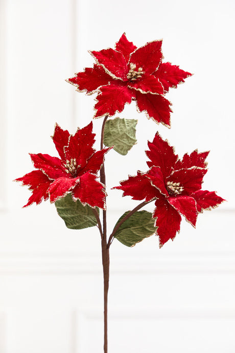 26" Red with Gold Glitter Poinsettia Spray