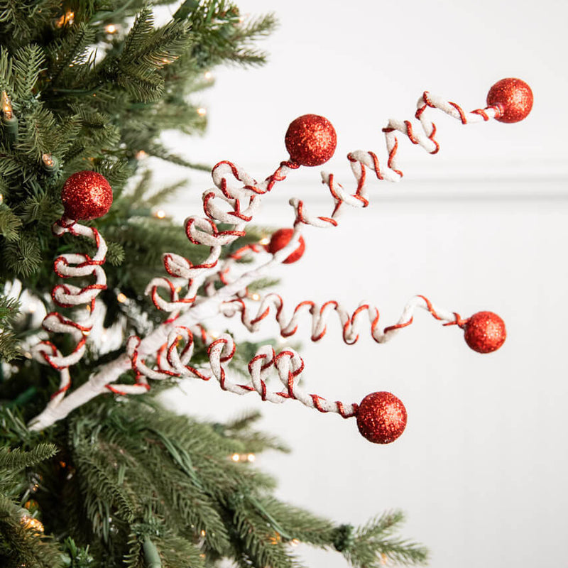 24” Red & White Velvet Corkscrew Spray – Whimsical Peppermint Holiday Stem