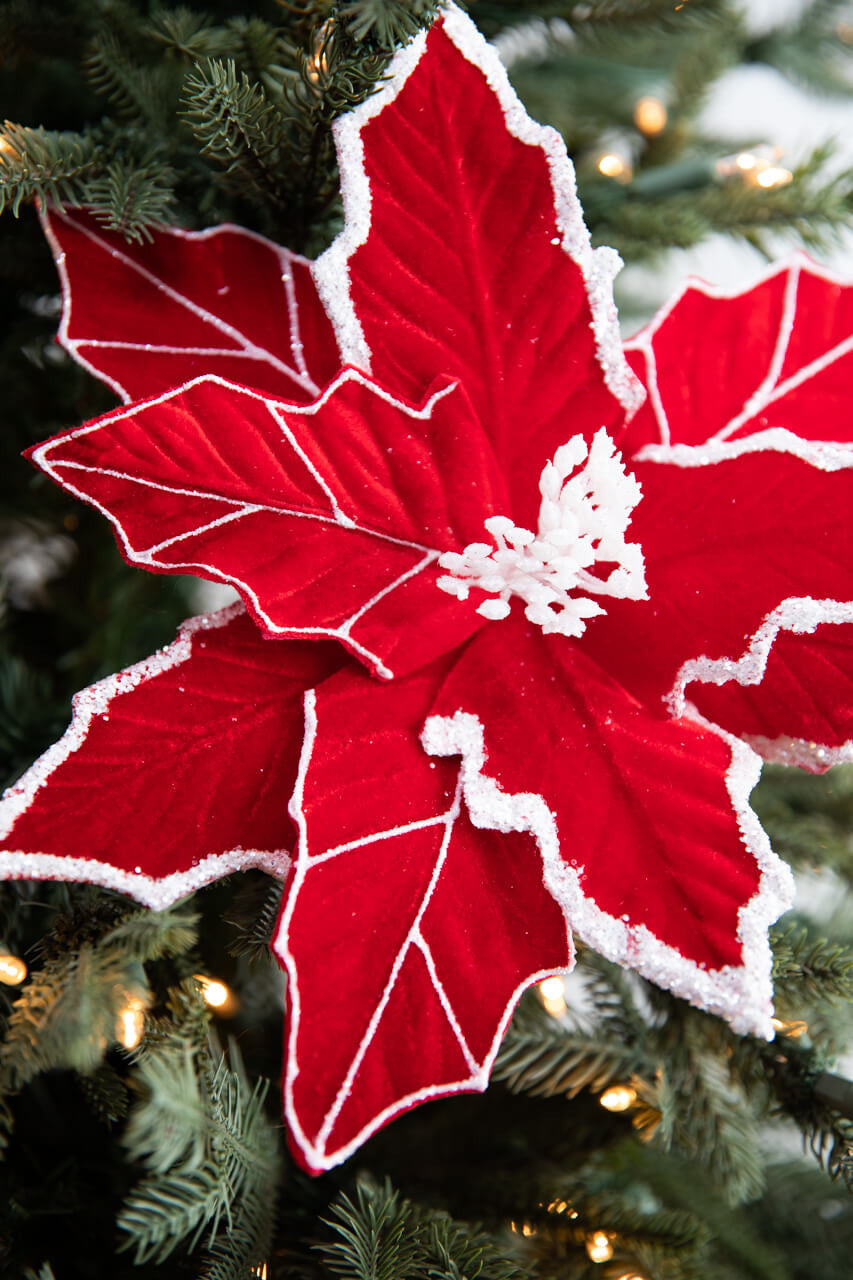 Red White Velvet Glitter Poinsettia 22 Inch Christmas Flower Decor