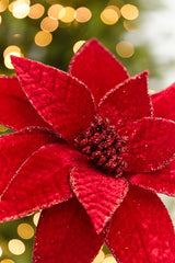 24” x 12" Red Velvet Glitter Edge Jewel Poinsettia Stem