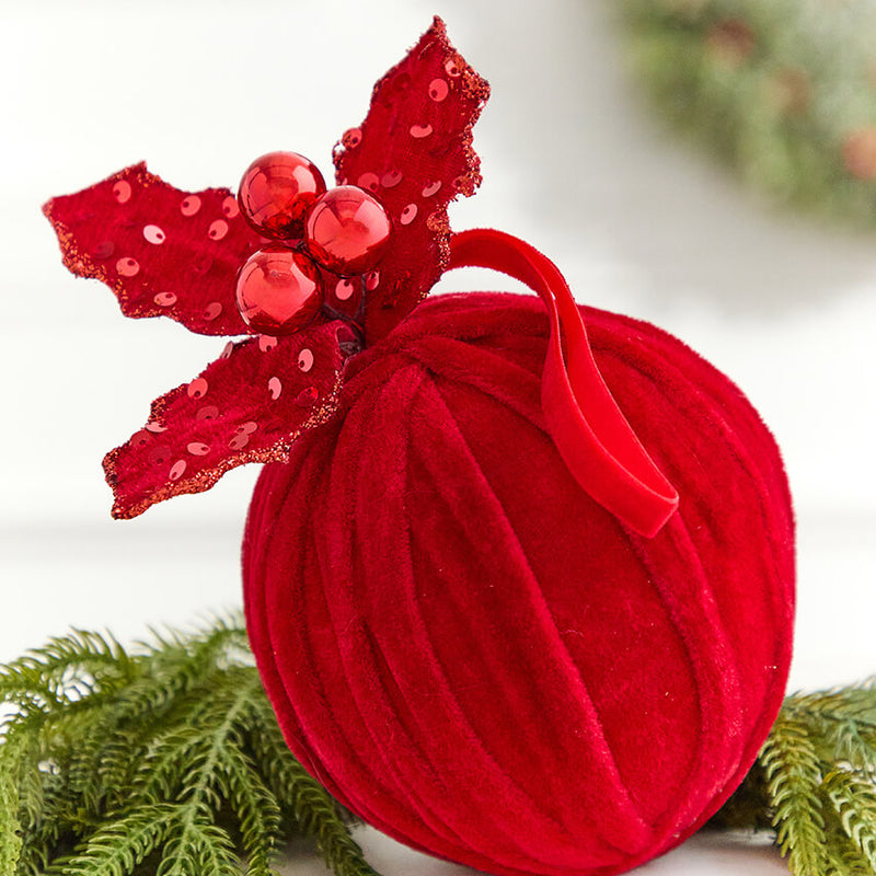 5" Red Velvet Sequin Velvet Ball with Holly Ornament