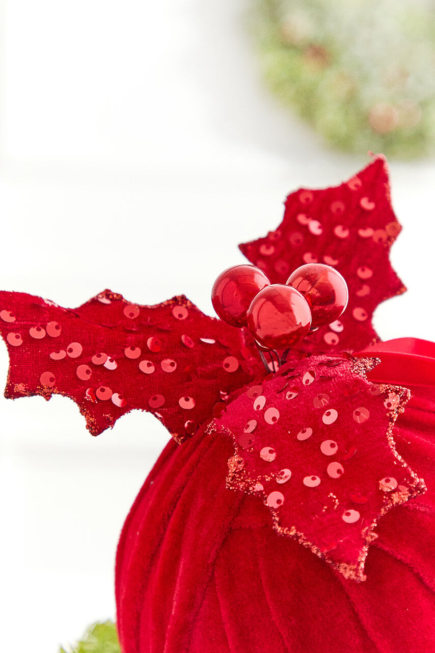 6" Red Velvet Sequin Velvet Ball with Holly Ornament