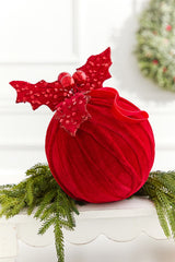 6" Red Velvet Sequin Velvet Ball with Holly Ornament