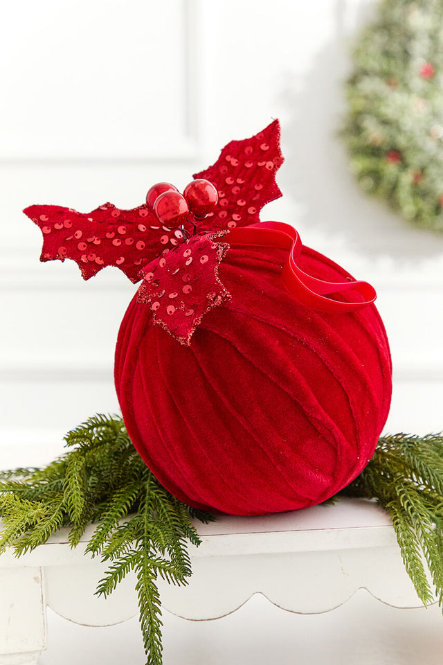 6" Red Velvet Sequin Velvet Ball with Holly Ornament