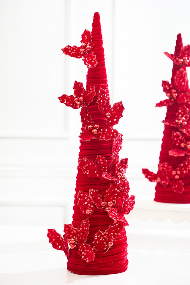 28" Red Velvet Cone Tree with Holly