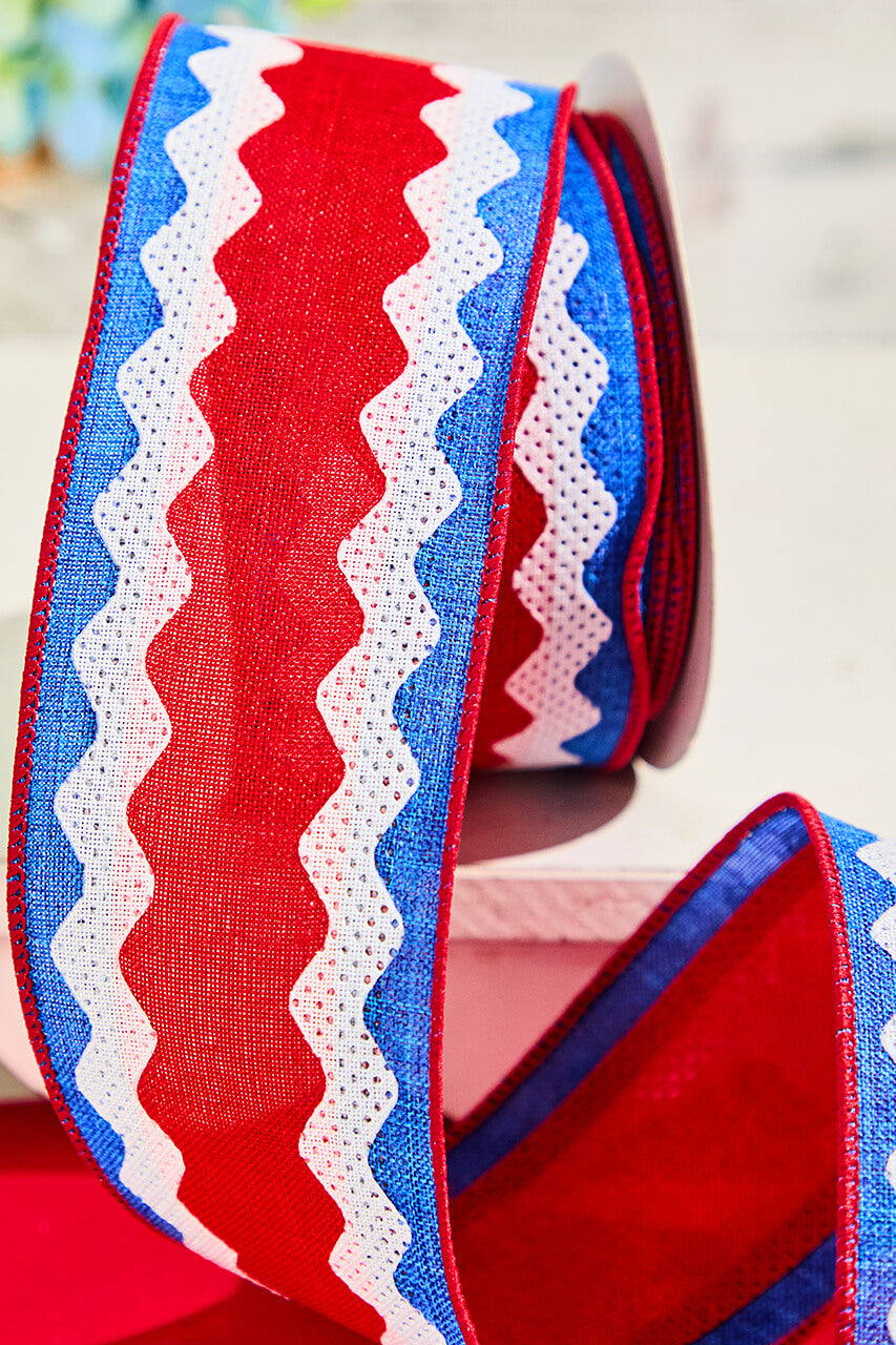 2.5" x 10 Yards Red, White & Blue Patterned Ribbon