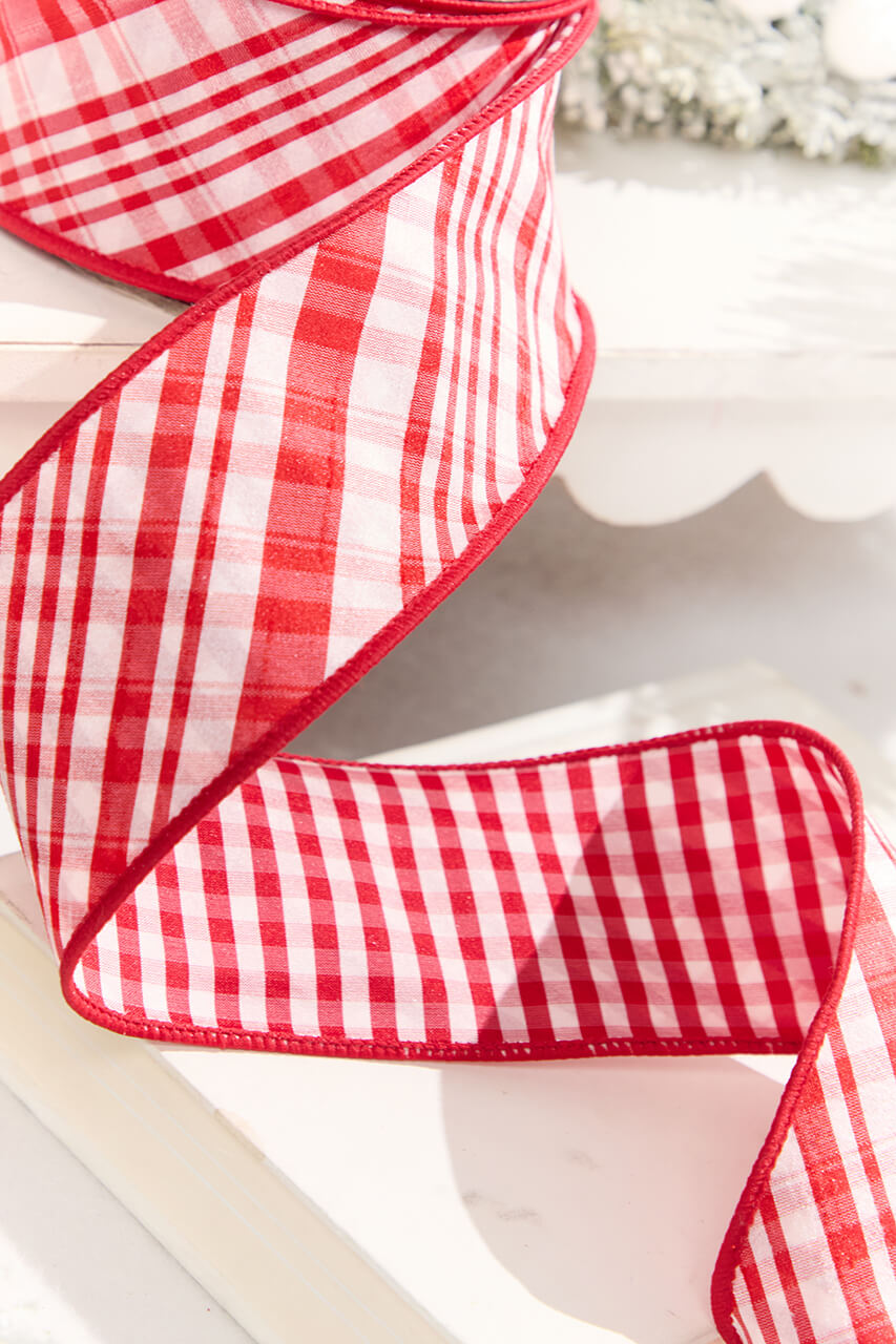 2.5" x 10 Yard Double Sided Red & White Gingham Diagonal Plaid Ribbon