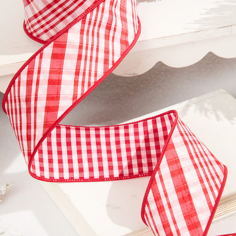 2.5 Inch x 10 Yard Double Sided Red and White Gingham Diagonal Plaid Ribbon Wired Craft Ribbon