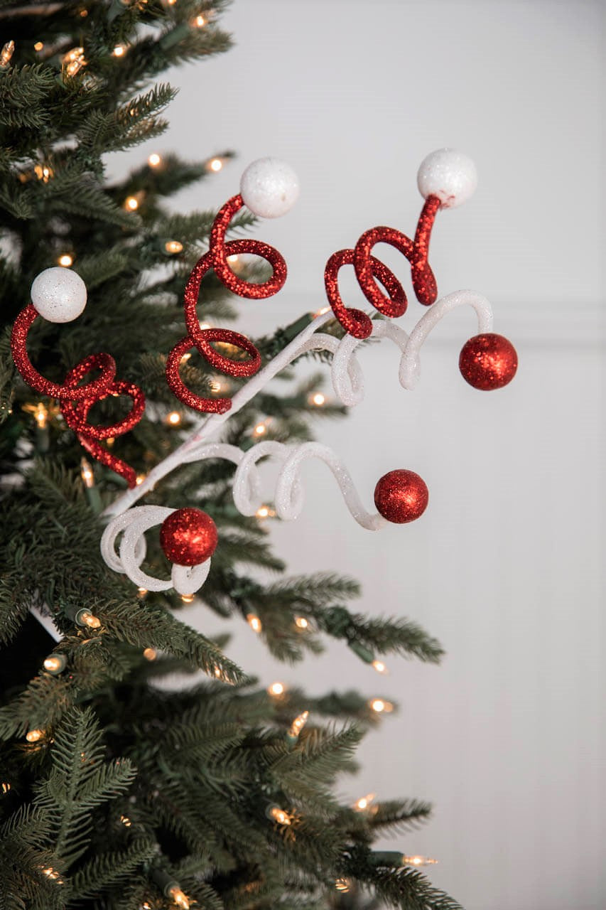23” Red & White Glitter Curly Ball Stem