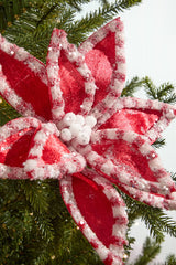 22" Red & White Candy with Snow Glitter Poinsettia Stem