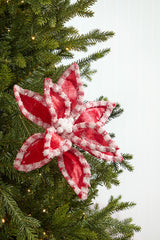 22" Red & White Candy with Snow Glitter Poinsettia Stem