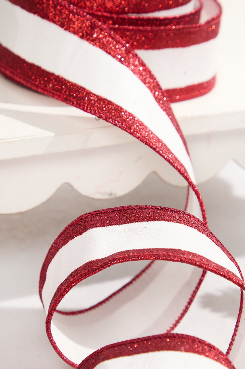 2.5" x 10 Yard White Dupioni with Red Glitter Stripe Ribbon