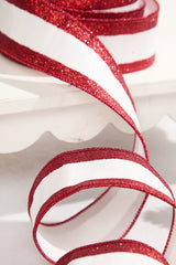 2.5" x 10 Yard White Dupioni with Red Glitter Stripe Ribbon