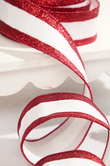 2.5" x 10 Yard White Dupioni with Red Glitter Stripe Ribbon