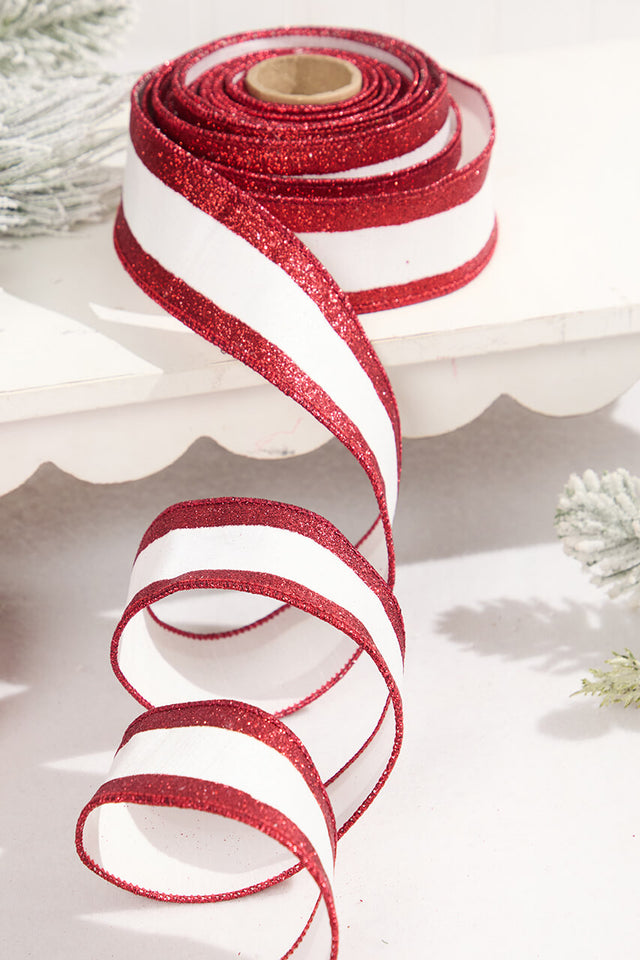 2.5" x 10 Yard White Dupioni with Red Glitter Stripe Ribbon
