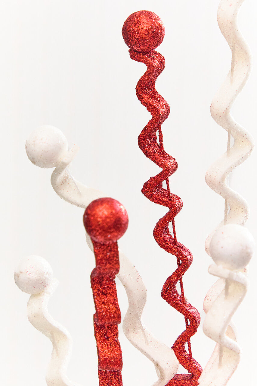 33" Red & White Glitter Curly Spray