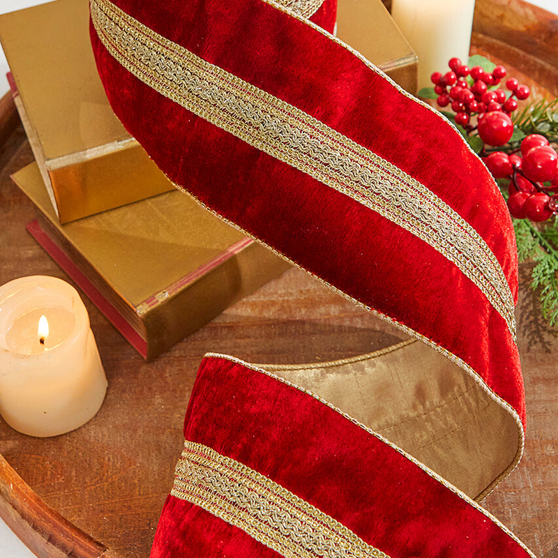 4” x 5 Yard Gold Braid Trim Velvet Gold Back Wired Ribbon - Red/Gold