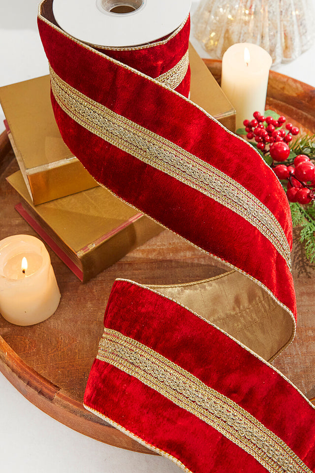 4” x 5 Yard Gold Braid Trim Velvet Gold Back Wired Ribbon - Red/Gold