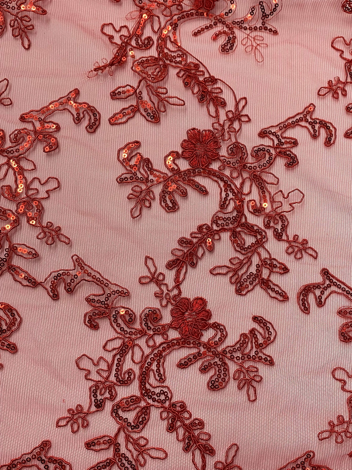 Elena'S Lace Red Polyester Lace Fabric - Red Corded Mesh Embroidered With Sequins, Double Scalloped Edge, 54" Width (1 Yard)