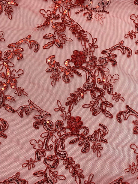 Elena'S Lace Red Polyester Lace Fabric - Red Corded Mesh Embroidered With Sequins, Double Scalloped Edge, 54" Width (1 Yard)