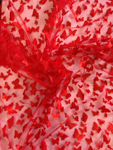 3D Butterflies Red Polyester Fabric - Light Weight Satin Butterflies On 2-Way Stretch Mesh, Red, 54" Width