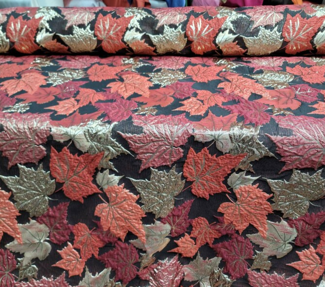 Brocade Gold and Burgundy Maple Leaves Fabric