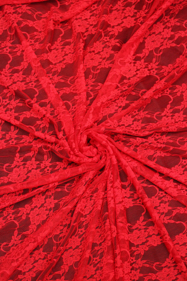 Red Stretch Lace Nylon Spandex Fabric - Shimmery Floral Sheer, 58/60" Width