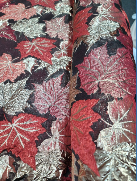 Brocade Gold and Burgundy Maple Leaves Fabric