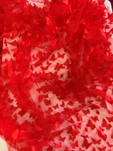 3D Butterflies Red Polyester Fabric - Light Weight Satin Butterflies On 2-Way Stretch Mesh, Red, 54" Width