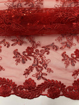 Elena'S Lace Red Polyester Lace Fabric - Red Corded Mesh Embroidered With Sequins, Double Scalloped Edge, 54" Width (1 Yard)