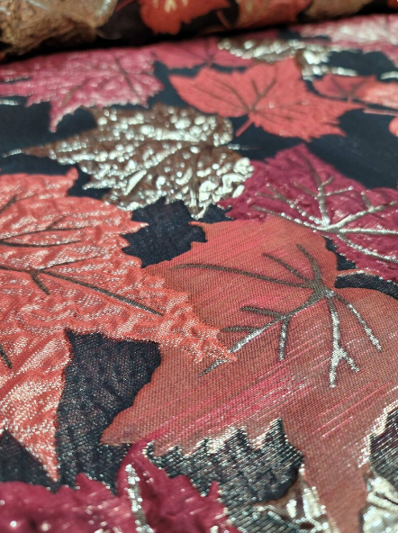 Brocade Gold and Burgundy Maple Leaves Fabric