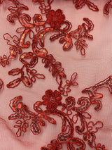 Elena'S Lace Red Polyester Lace Fabric - Red Corded Mesh Embroidered With Sequins, Double Scalloped Edge, 54" Width (1 Yard)