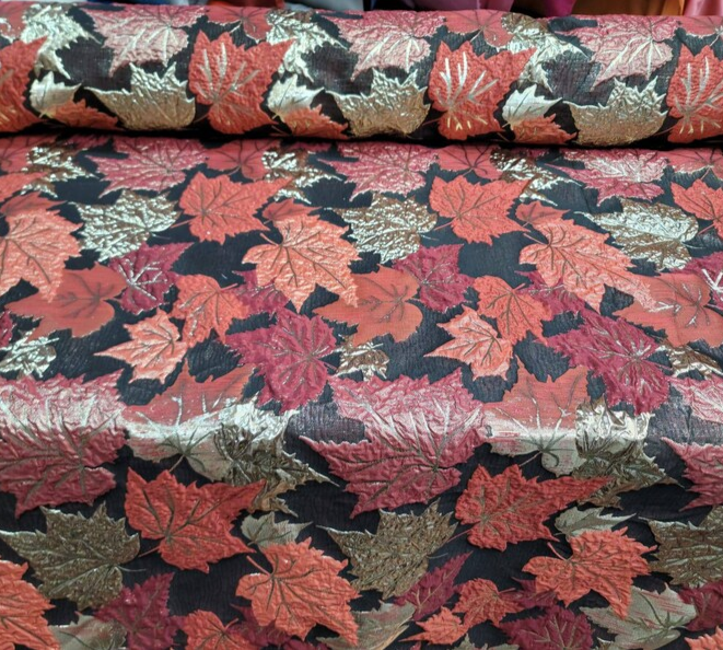 Brocade Gold and Burgundy Maple Leaves Fabric