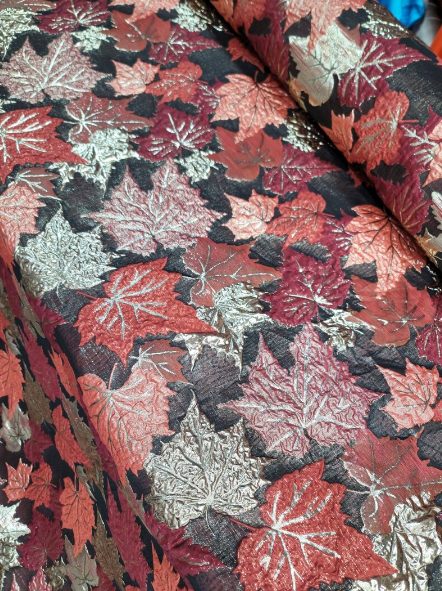 Brocade Gold and Burgundy Maple Leaves Fabric