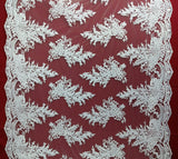 1 Yard Beaded and Corded Bridal Lace Fabric Embroidered on 100% Polyester Net Mesh White