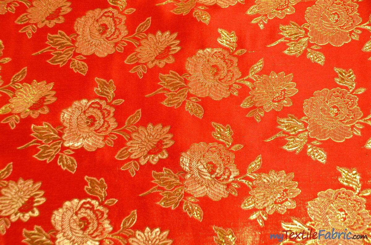 Oriental Metallic Flower Brocade Polyester Fabric - Metallic Brocade, 58" Wide (1 Yard)